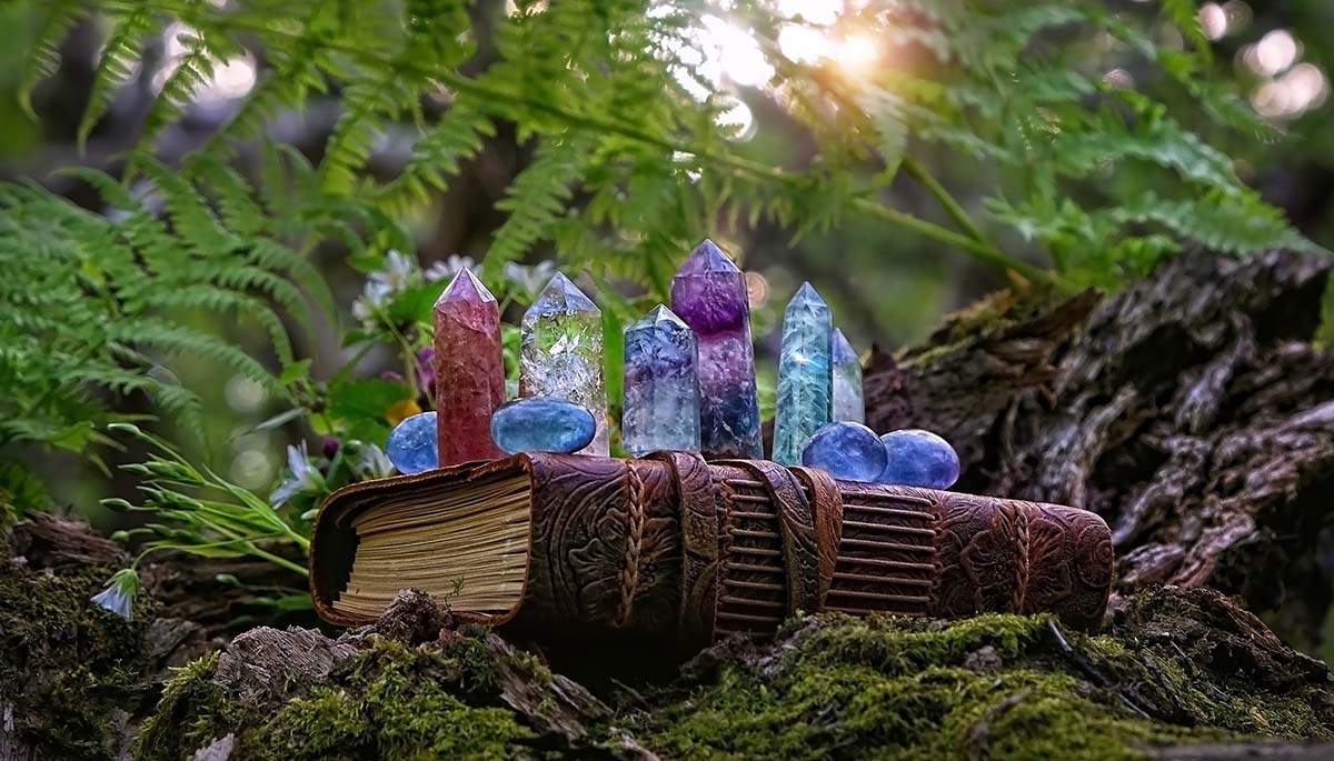 Crystals on a book in the woods.